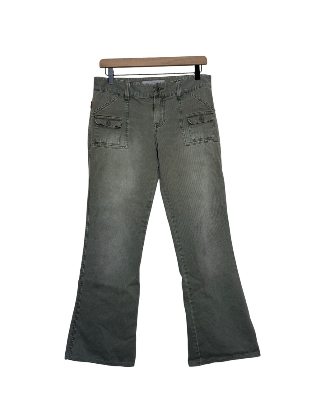 Hollister Y2K Size 6 Flare Flap Pocket Pants Green Utility Distressed